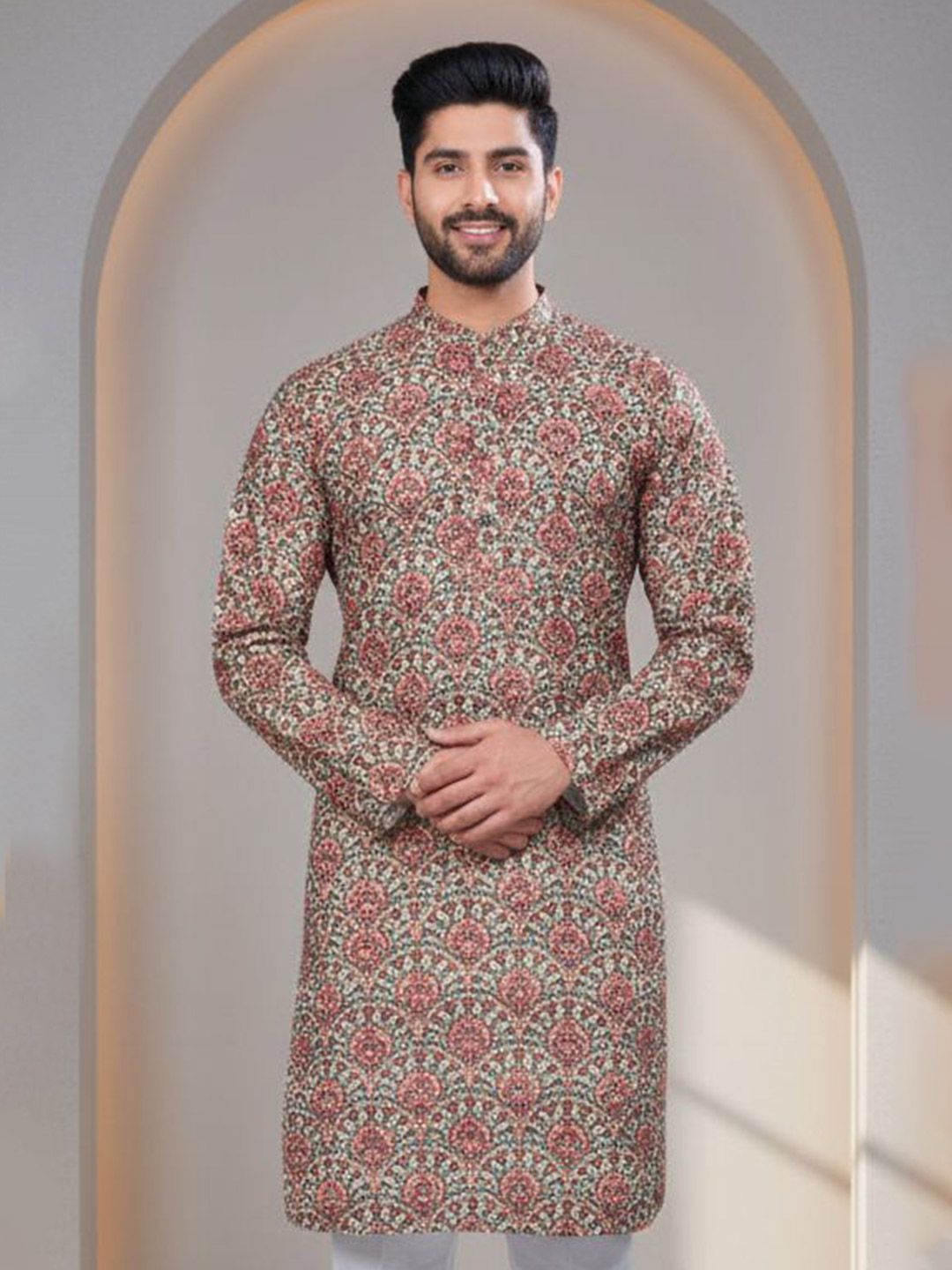 Men Floral Printed Thread Work Kurta