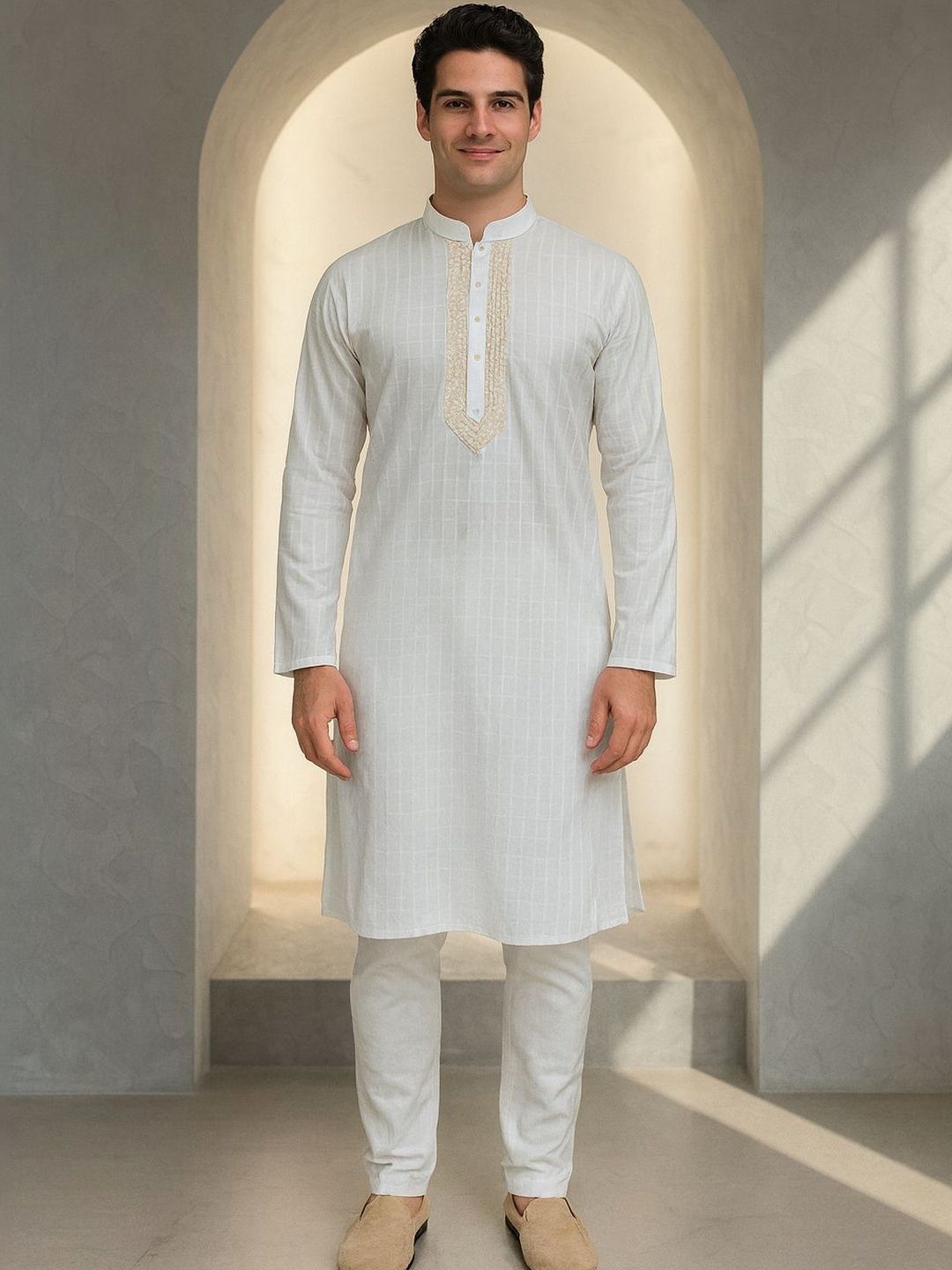 Men White Self Design Regular Fit Full Sleeve Kurta Set