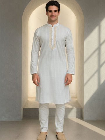 Men White Self Design Regular Fit Full Sleeve Kurta Set