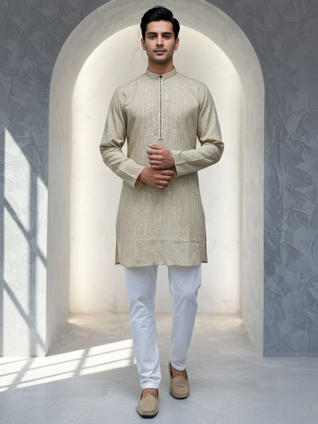 Men Solid Printed Festive Cotton Straight Kurta