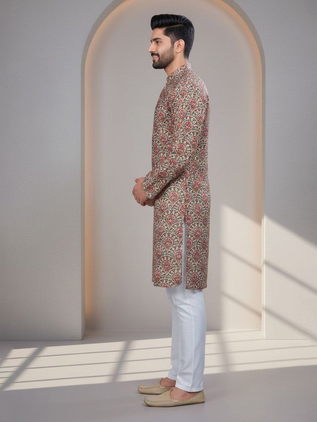 Men Floral Printed Thread Work Kurta