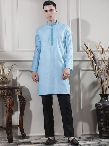 Men Dyed Regular Thread Work Kurta with Trousers