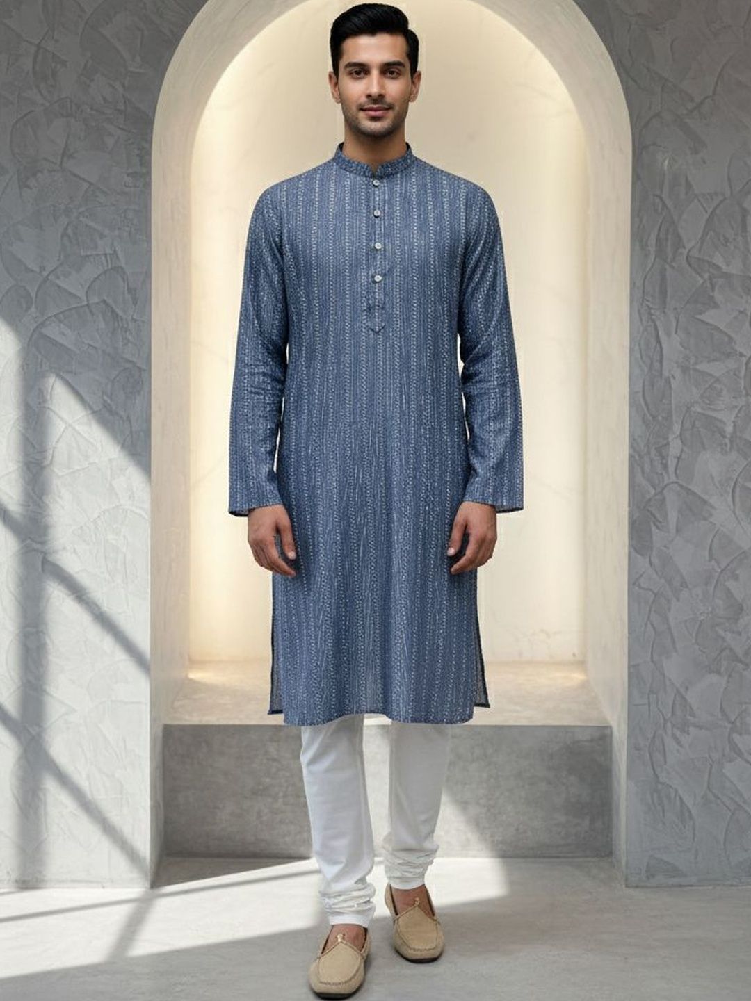 Men Striped Woven Design Kurta with Churidar