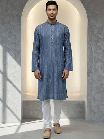 Men Striped Woven Design Kurta with Churidar