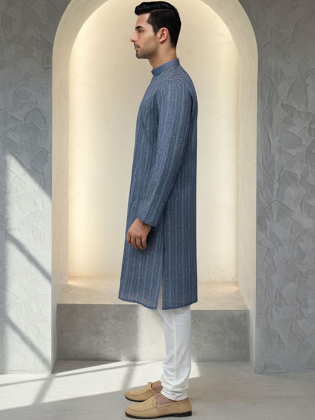 Men Striped Woven Design Kurta with Churidar