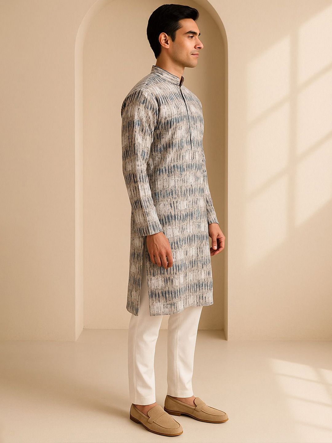 Men Self Design Regular Fit Full Sleeve Straight Kurta