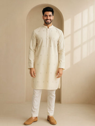 Geometric Embroidered Mandarin Collar Thread Work Straight Kurta
