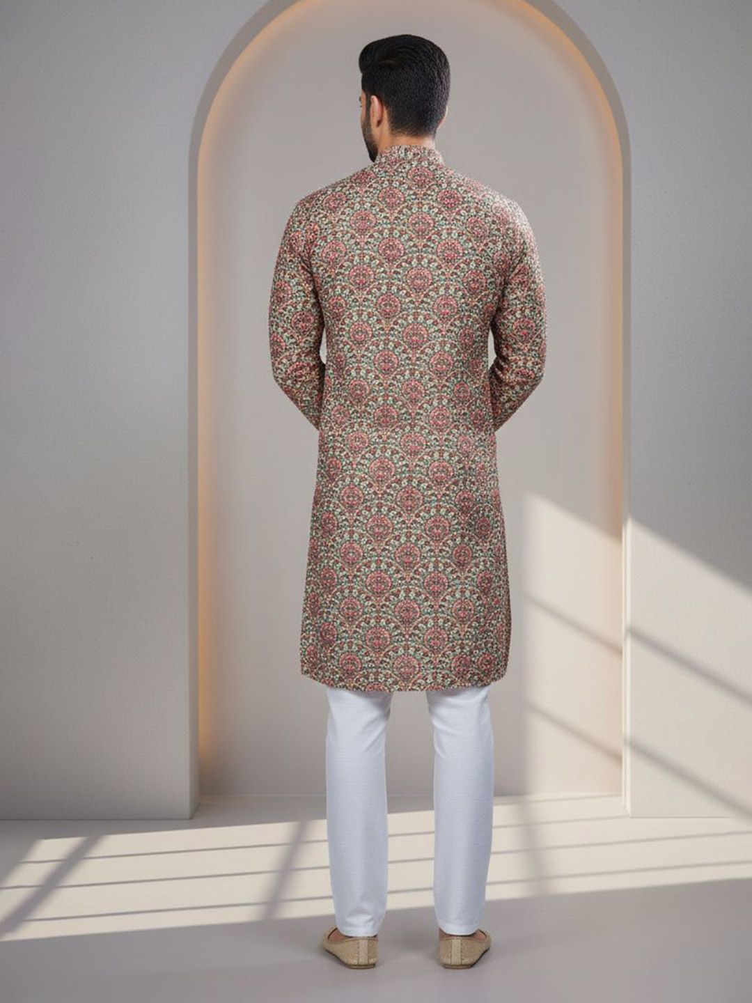 Men Floral Printed Thread Work Kurta