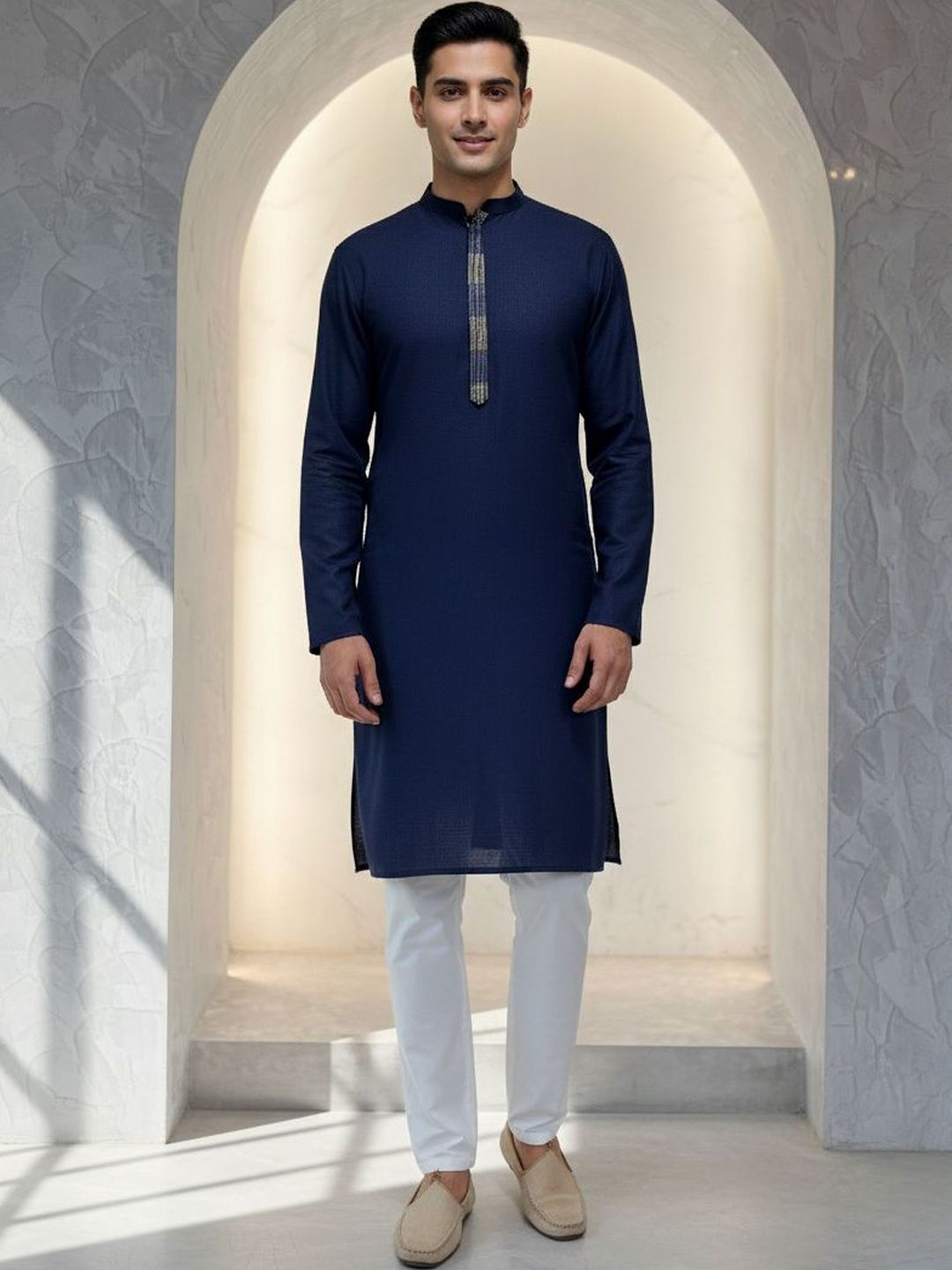 Mandarin Collar Straight Kurta With Trousers