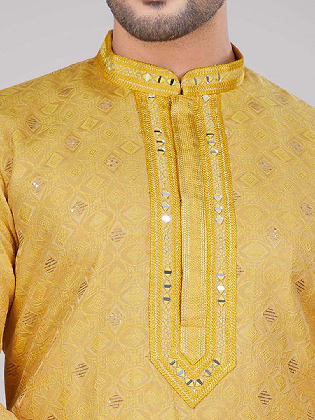 Geometric Embroidered Pure Cotton Mandarin Collar Straight Kurta & Pyjamas
