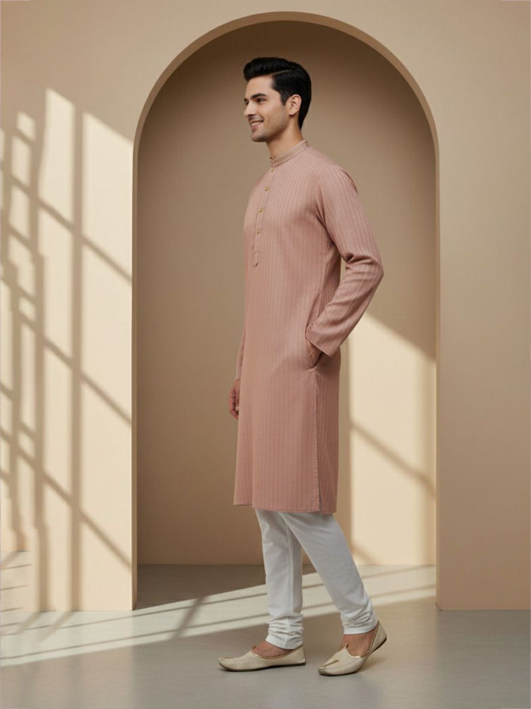 Men Solid Self Design Side Slits Calf Length Kurta