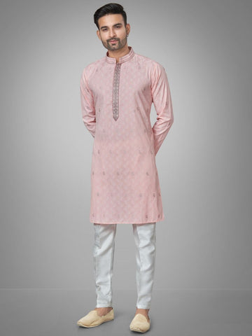 Men Paisley Embroidered Mandarin Collar Sequinned Kurta with Pyjamas