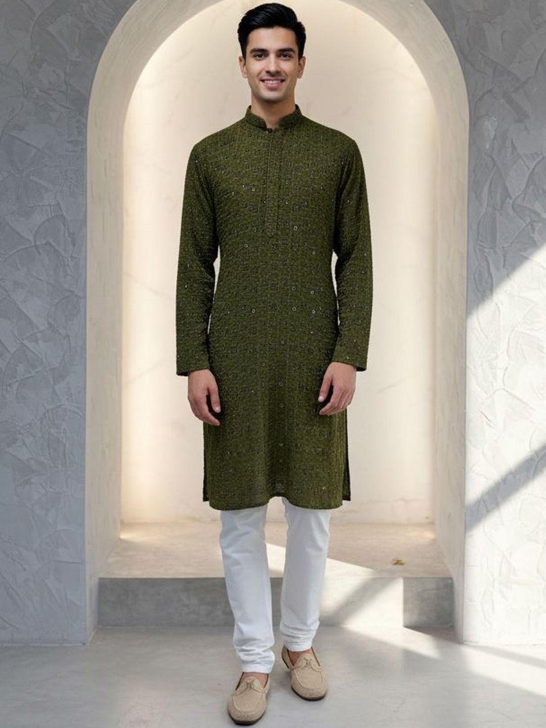 Men Ethnic Motifs Embroidered Chikankari Wedding Kurta with Churidar
