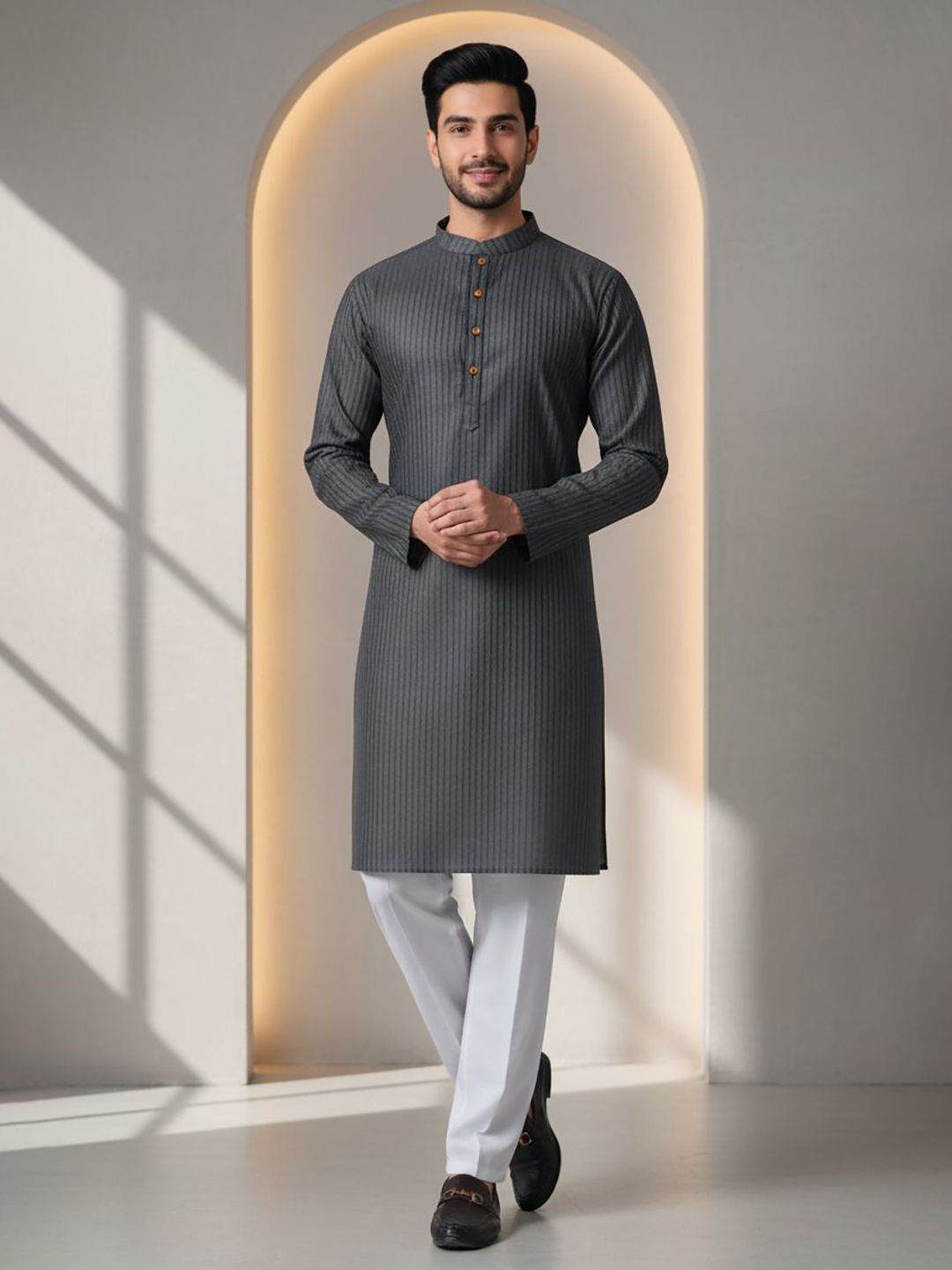 Striped Band Collar Long Sleeves Straight Kurta