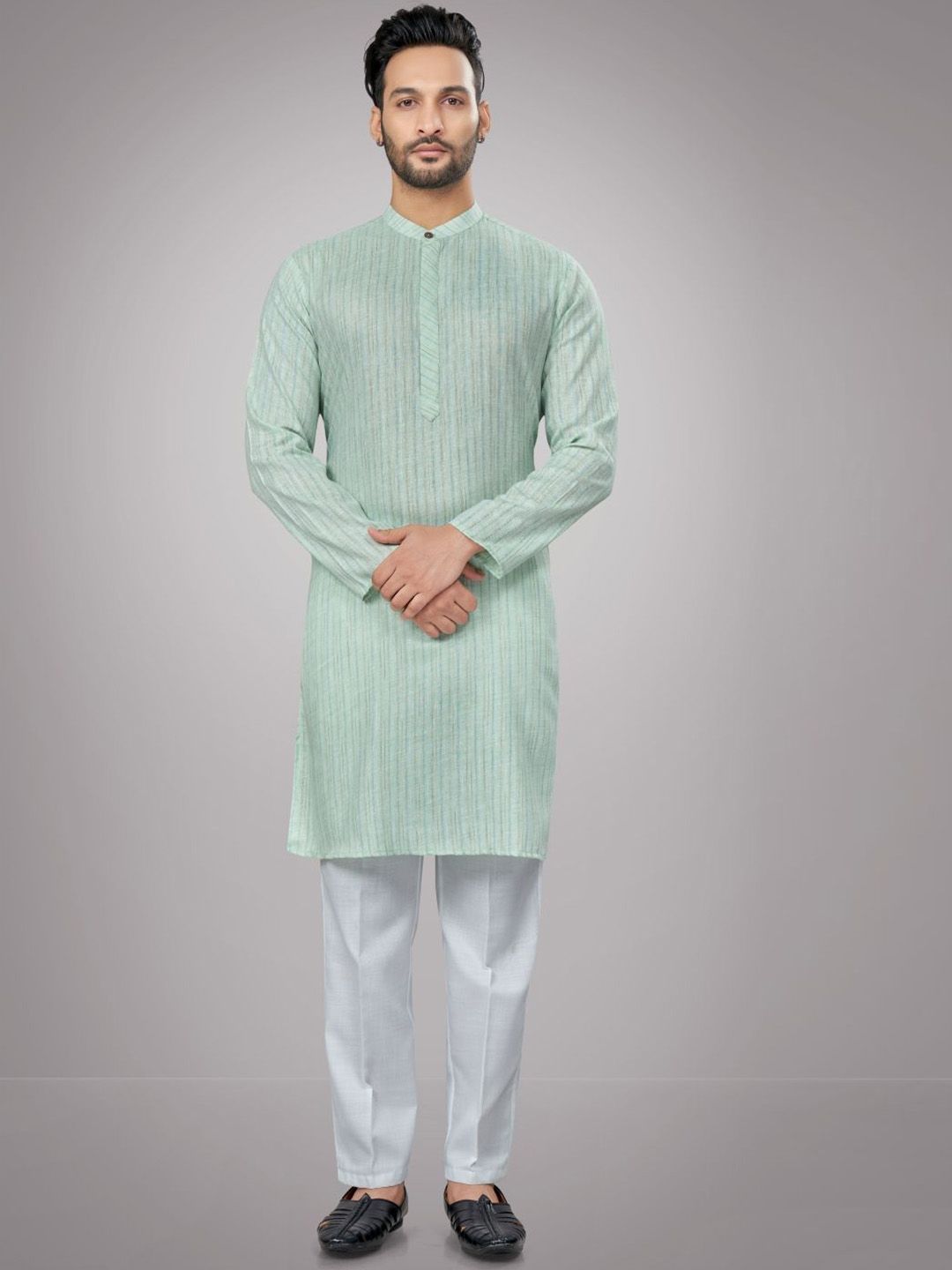 Men Regular Fit Striped Self Design Full Sleeve Straight Kurta & Pyjamas