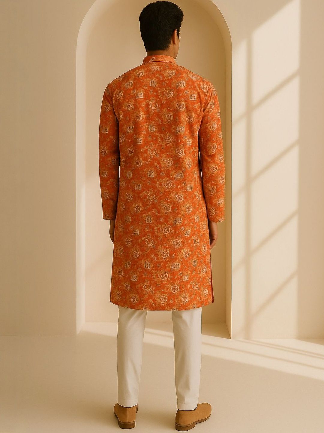 Men Orange Self Design Regular Fit Full Sleeve Kurta Set