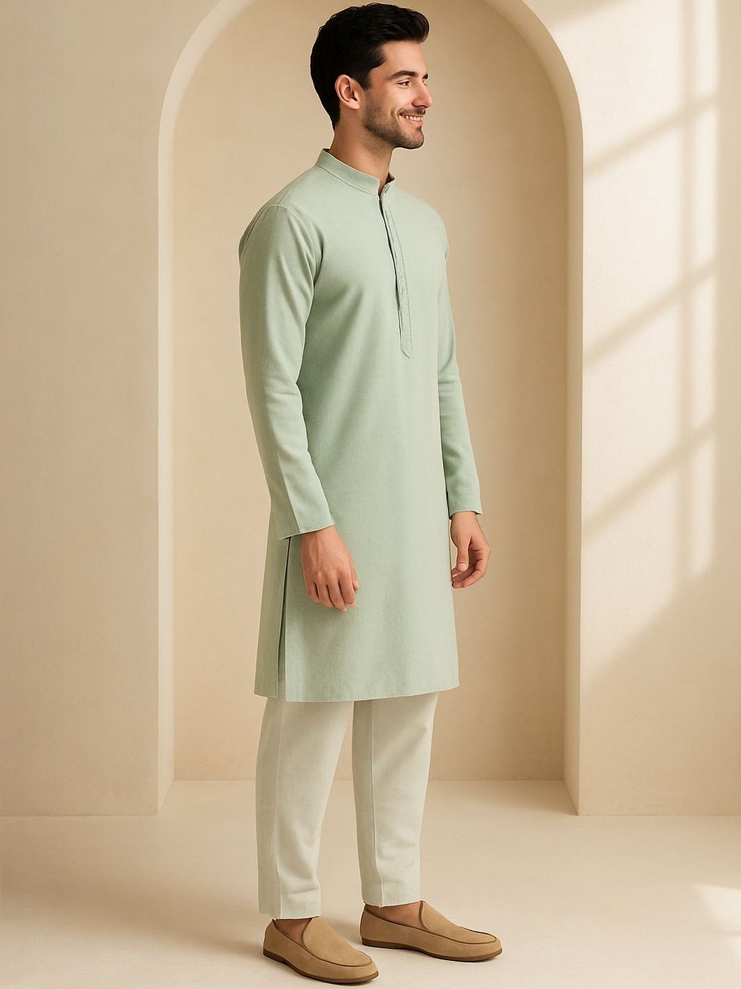 Men Green Self Design Regular Fit Full Sleeve Kurta Set