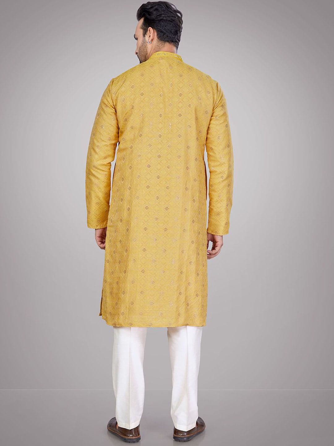 Geometric Embroidered Pure Cotton Mandarin Collar Straight Kurta & Pyjamas