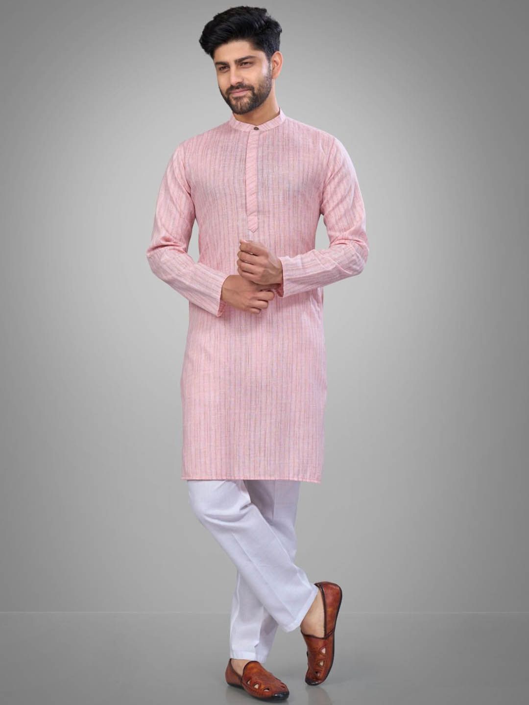 Striped Pure Cotton Mandarin Collar Straight Kurta & Pyjamas