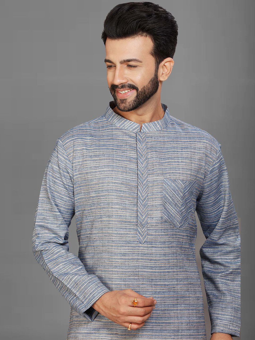 Striped Pure Cotton Mandarin Collar Straight Kurta & Pyjamas