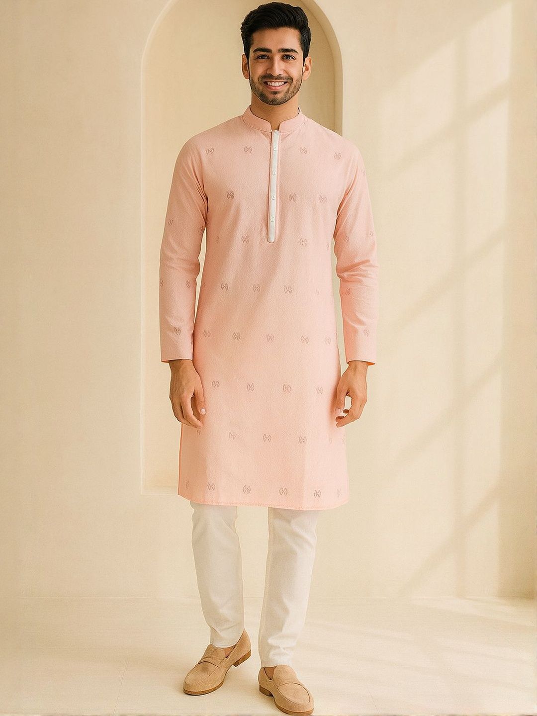 Men Pink Regular Fit Full Sleeve Kurta Set