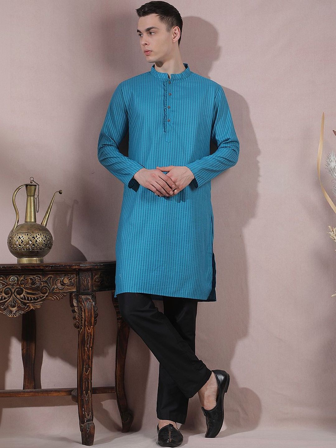 Men Striped Regular Kurta with Trousers