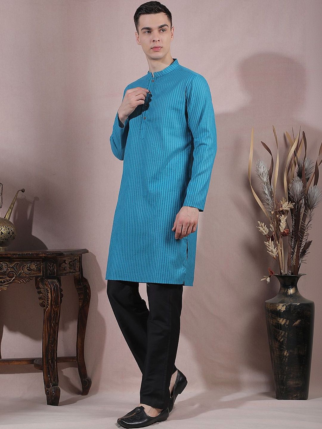 Men Striped Regular Kurta with Trousers