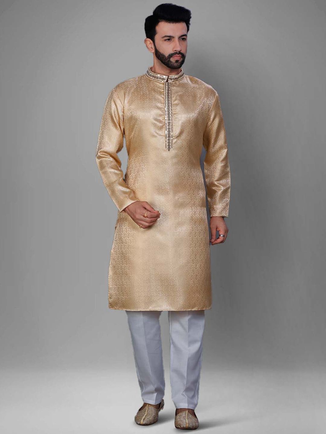 Self Design Mandarin Collar Straight Kurta & Pyjamas