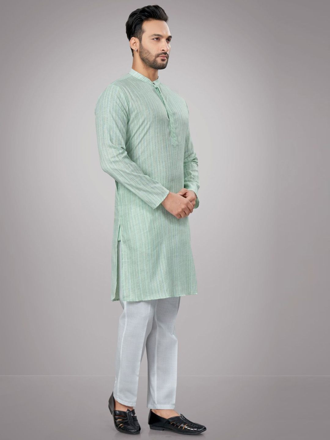Men Regular Fit Striped Self Design Full Sleeve Straight Kurta & Pyjamas