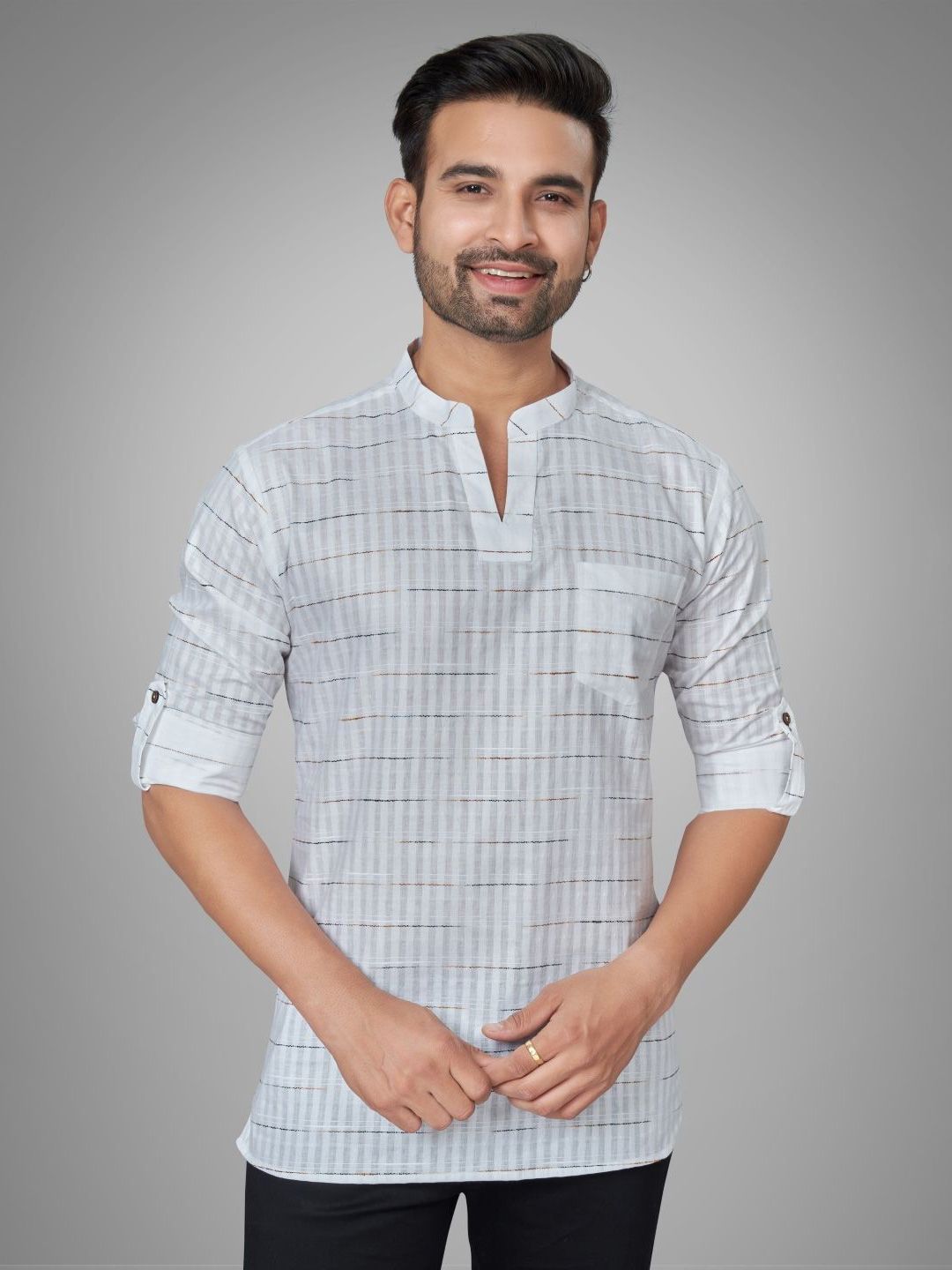 Men Checked Printed Thread Work Kurta
