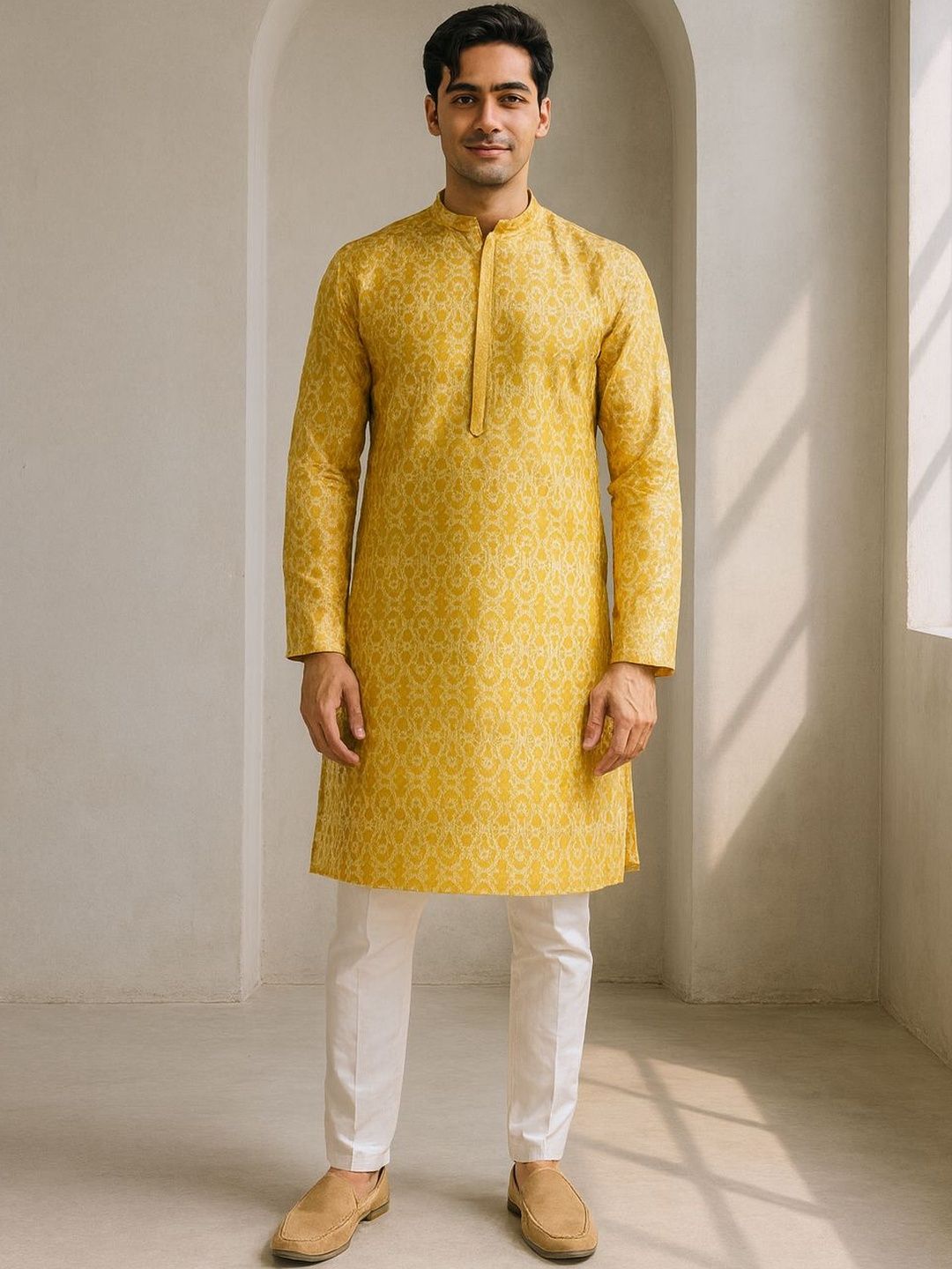 Men Yellow Regular Fit Full Sleeve Mandarin Collar Kurta Set
