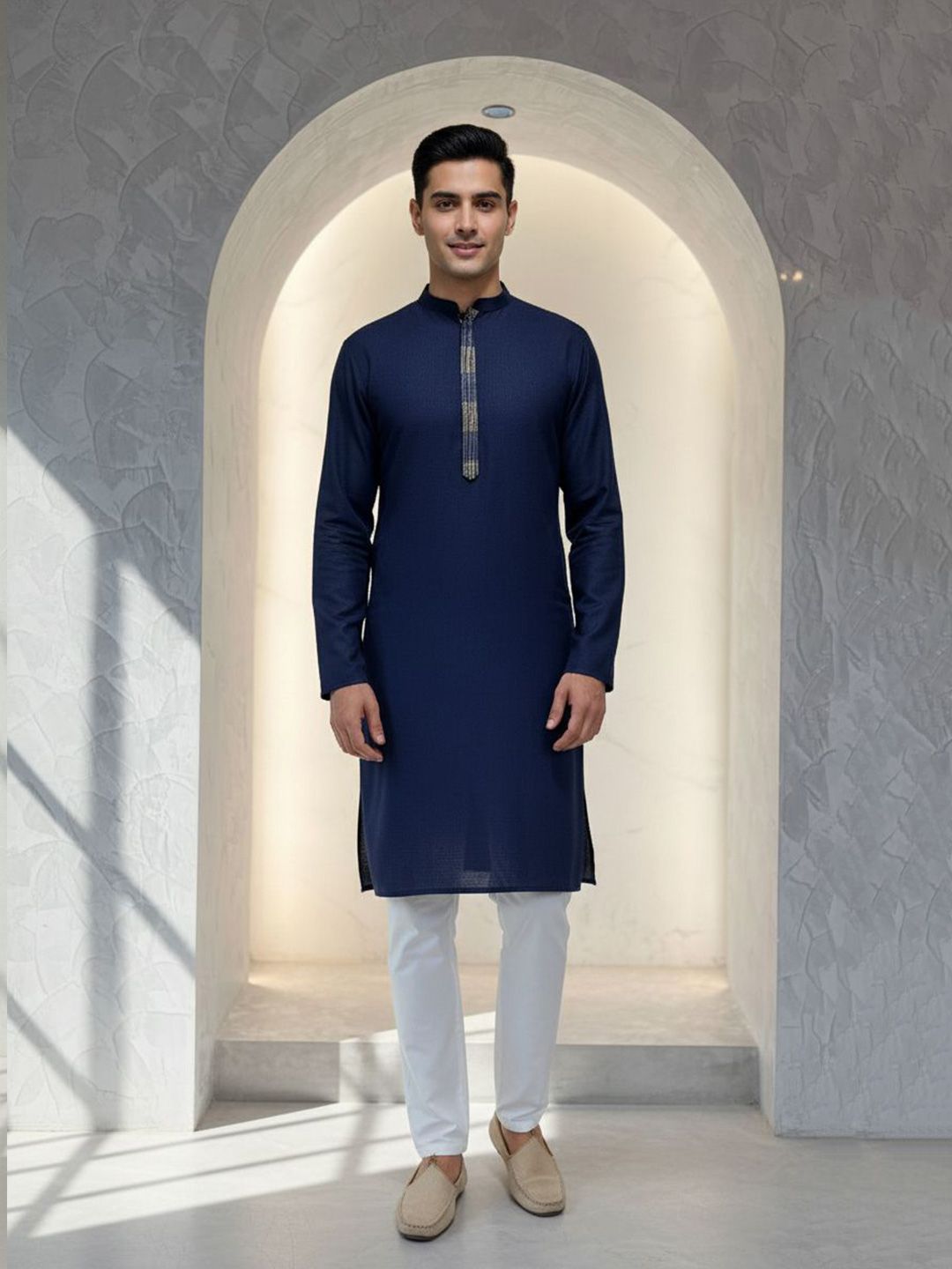 Mandarin Collar Thread Work Straight Kurta
