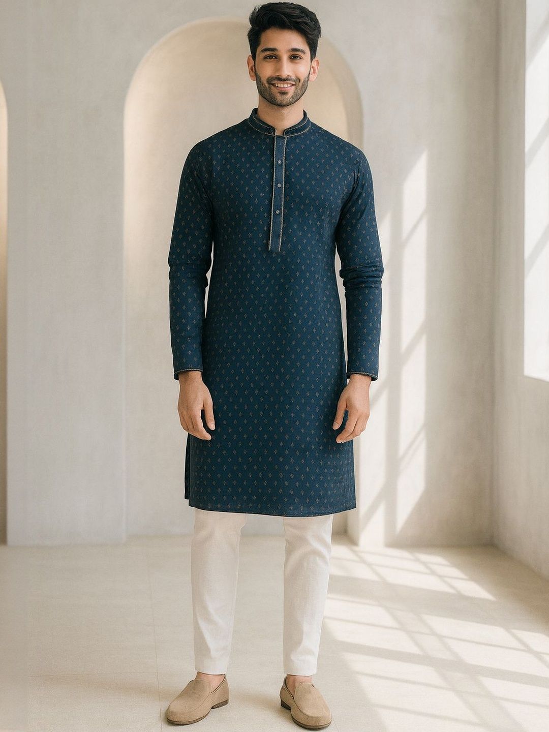 Men Ethnic Motifs Printed Mandarin Collar Regular Kurta with Pyjamas
