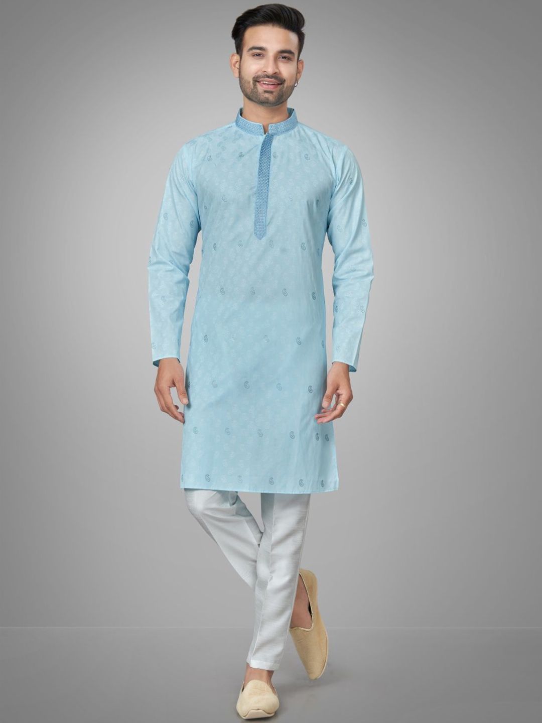 Men Self Design Kurta with Trousers