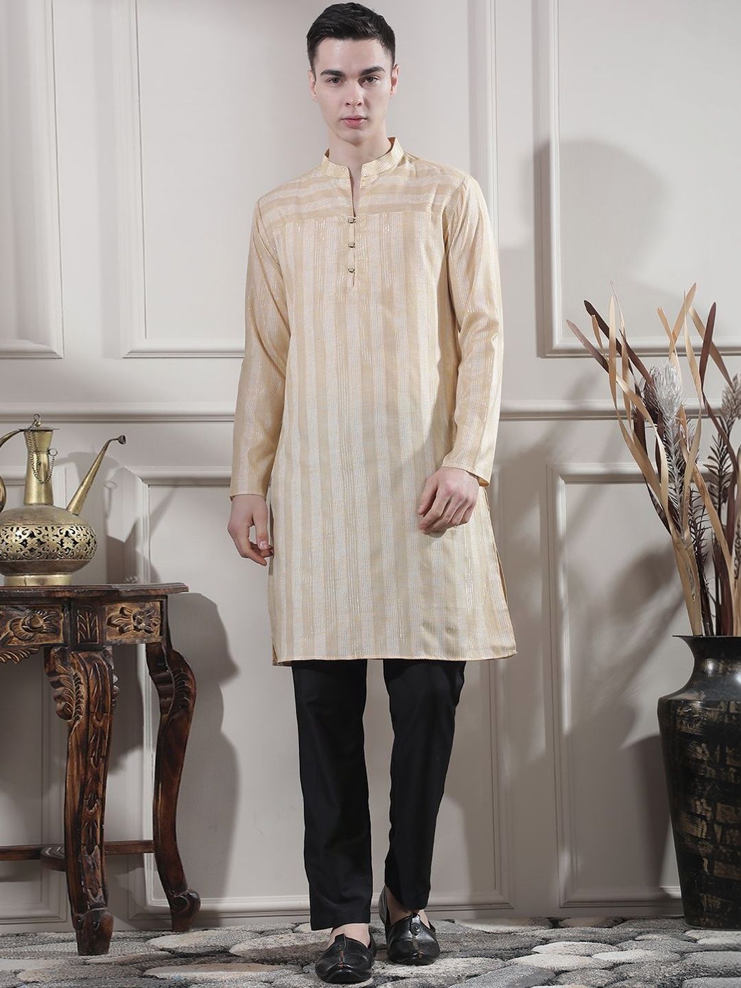 Men Striped Regular Kurta with Trousers