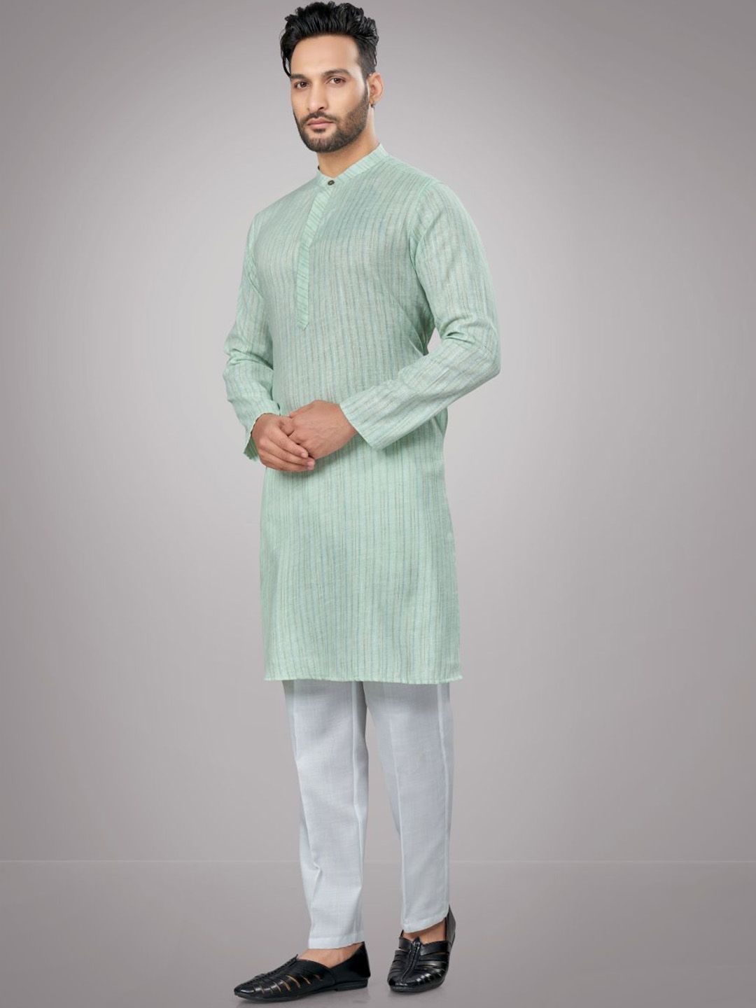 Men Regular Fit Striped Self Design Full Sleeve Straight Kurta & Pyjamas