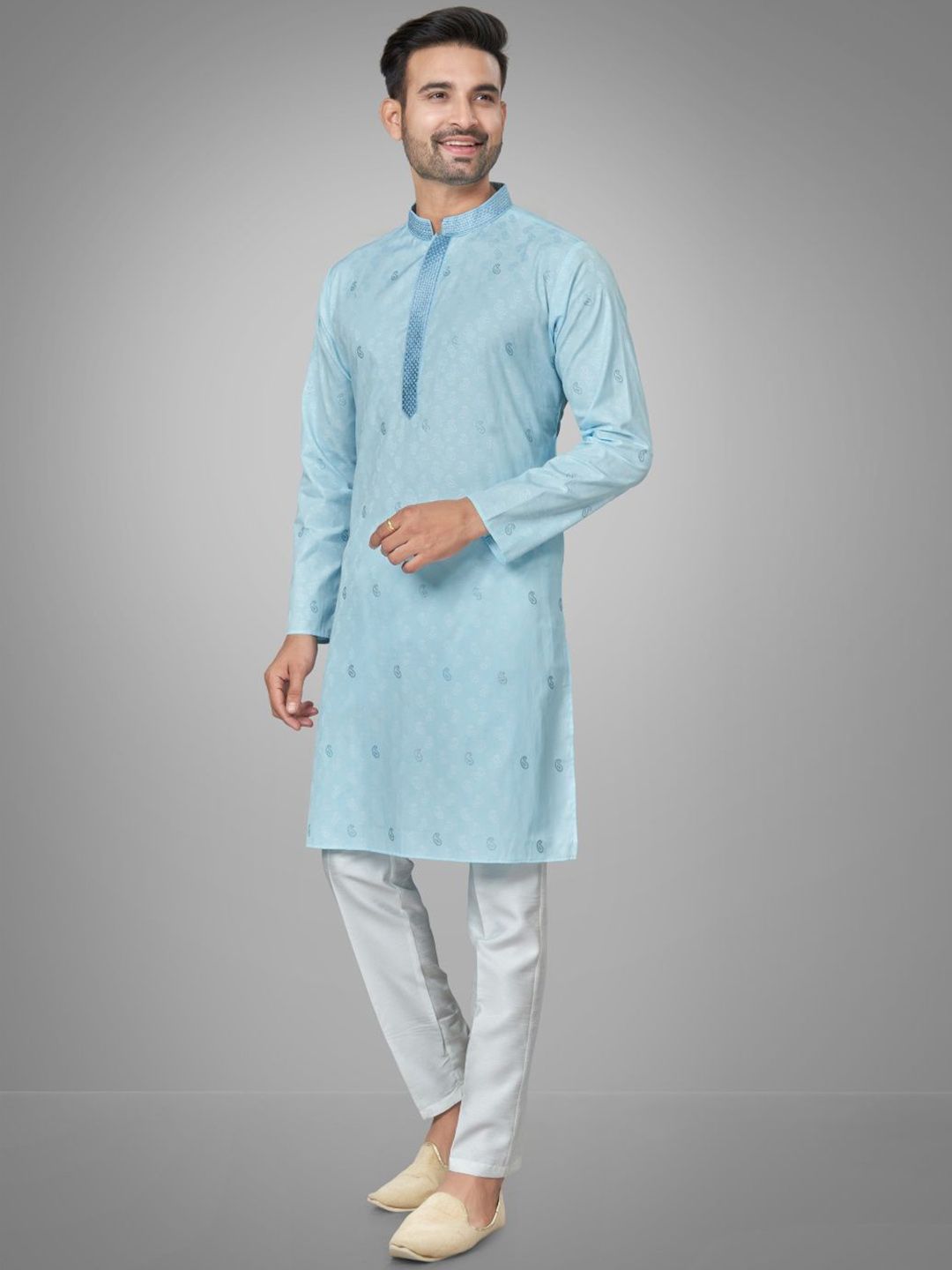Men Self Design Kurta with Trousers