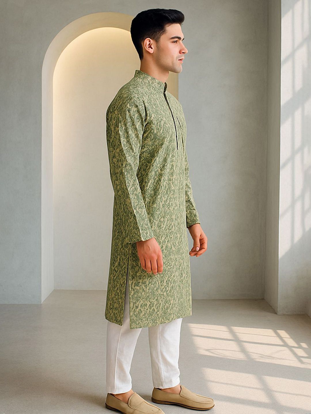 Men Woven Design Mandarin Collar Thread Work Kurta