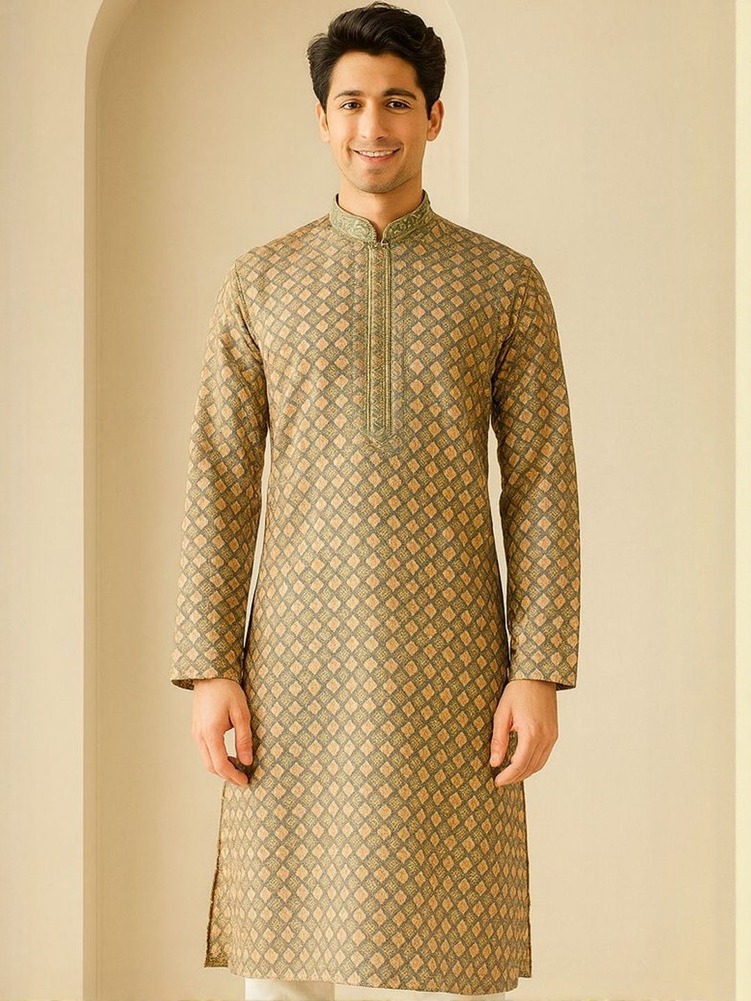 Men Teal Regular Fit Full Sleeve Kurta Set