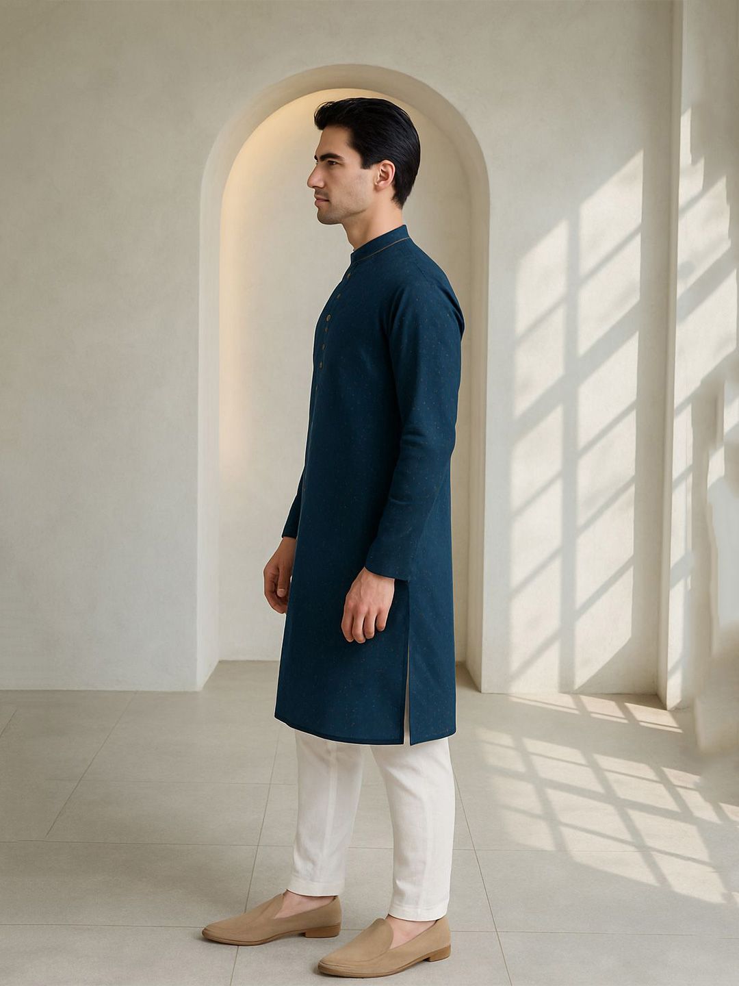 Geometric Woven Design Mandarin Collar Straight Kurta