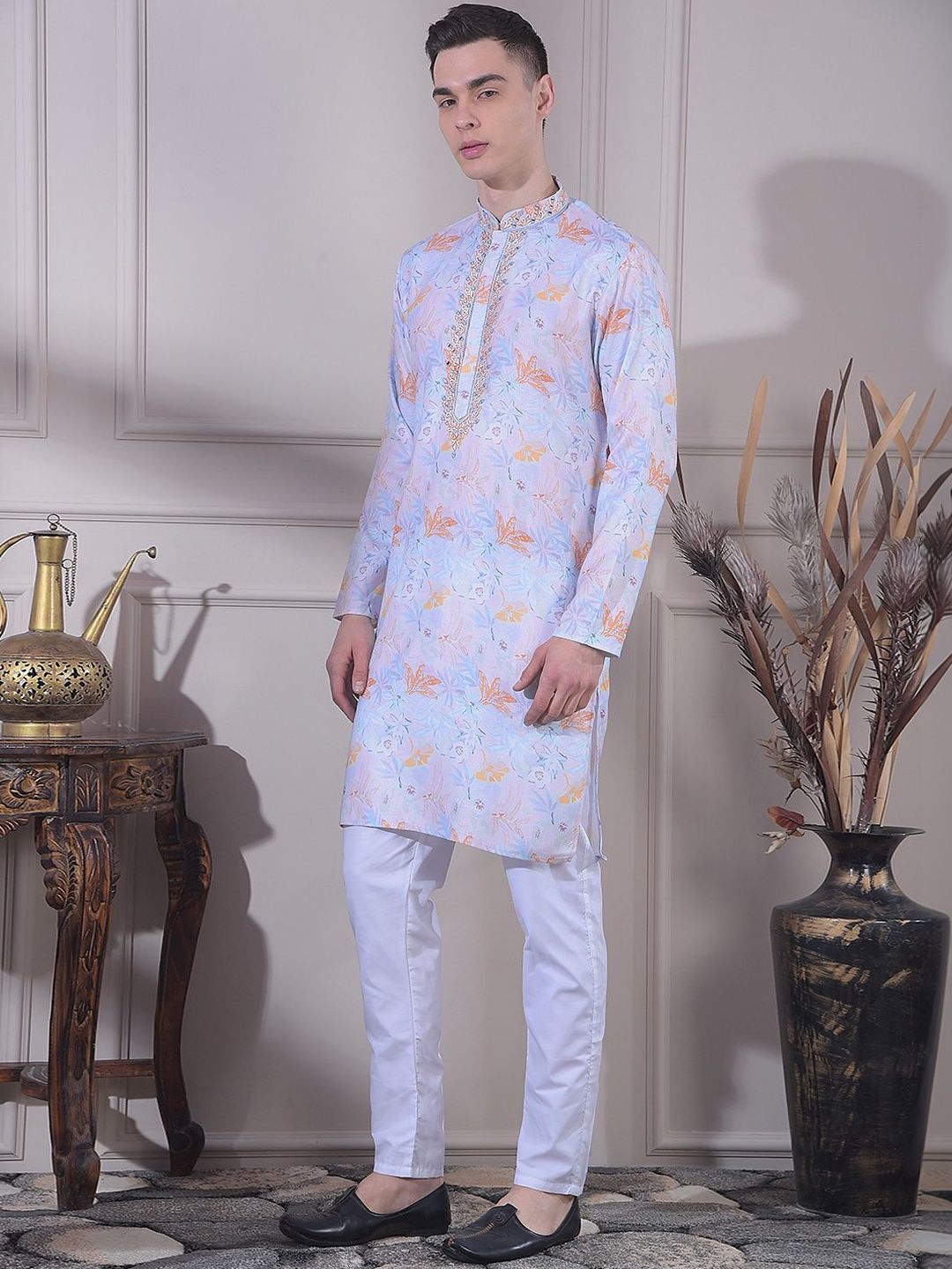 Men Floral Dobby Kurta