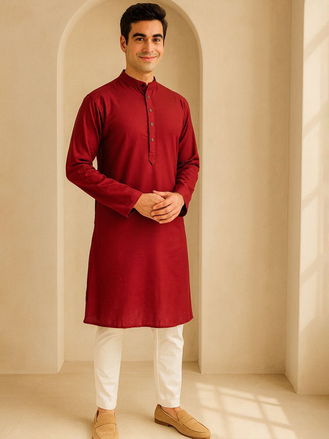 Men Mandarin Collar Regular Sleeves Kurta