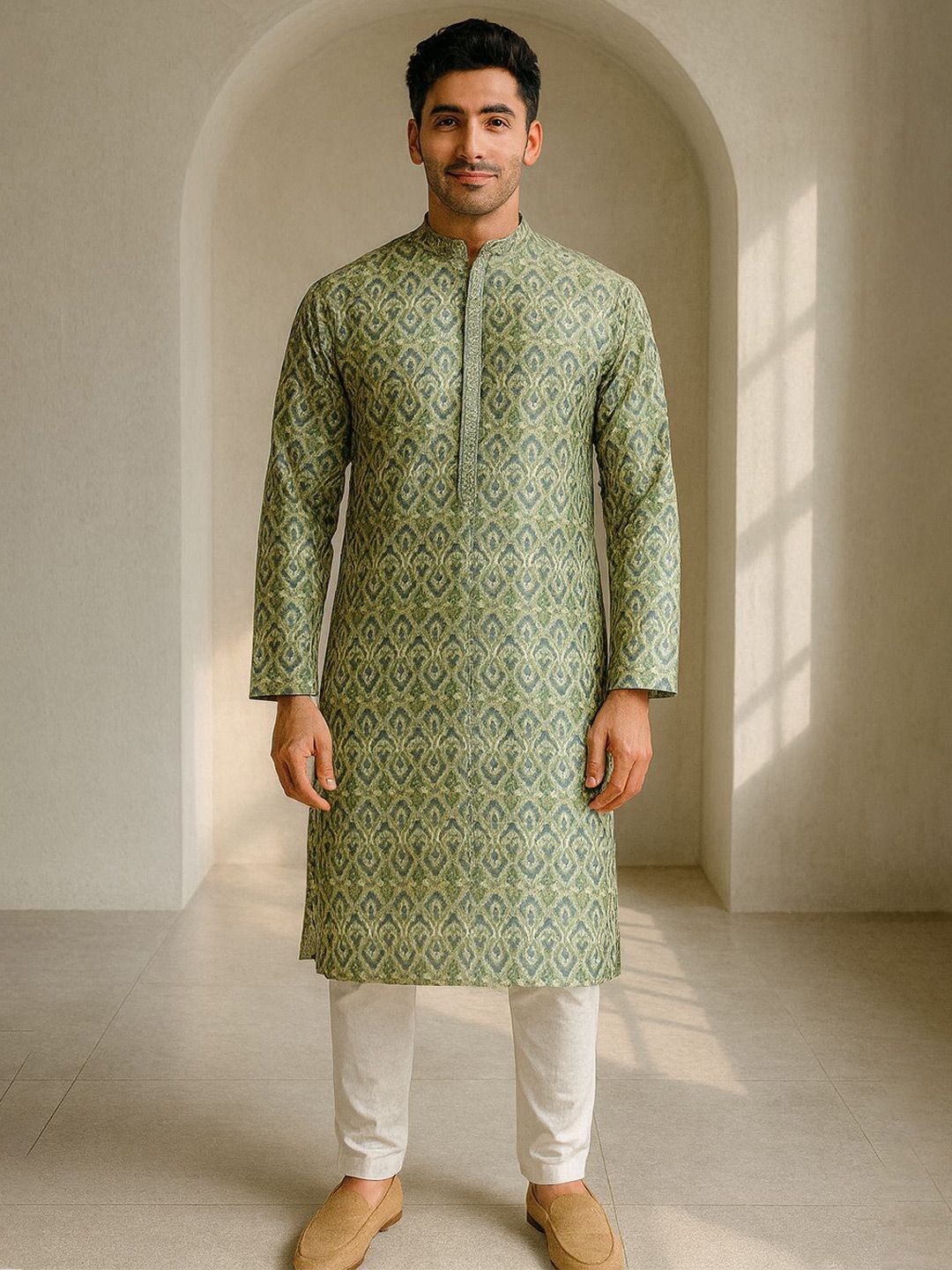 Men Woven Design Mandarin Collar Thread Work Kurta
