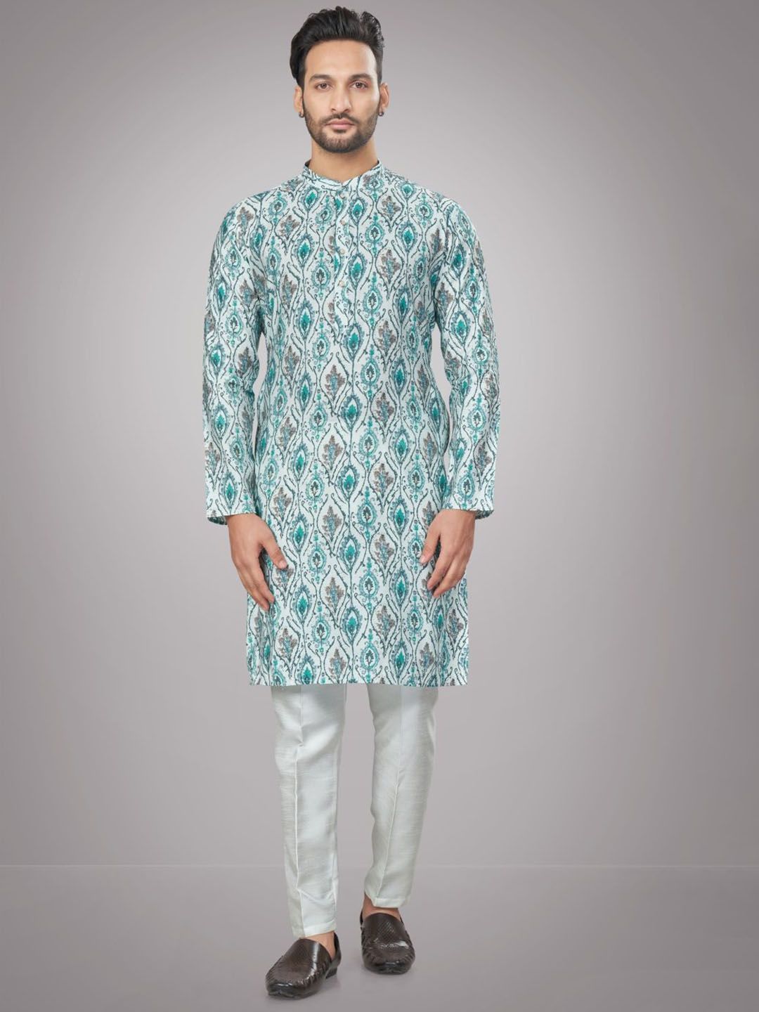 Men Floral Printed Mandarin Collar Regular Kurta with Pyjamas