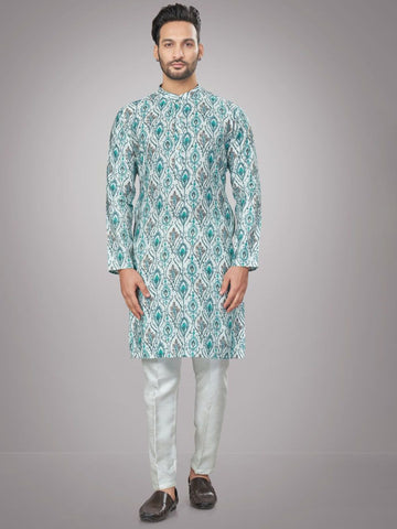 Men Floral Printed Mandarin Collar Regular Kurta with Pyjamas
