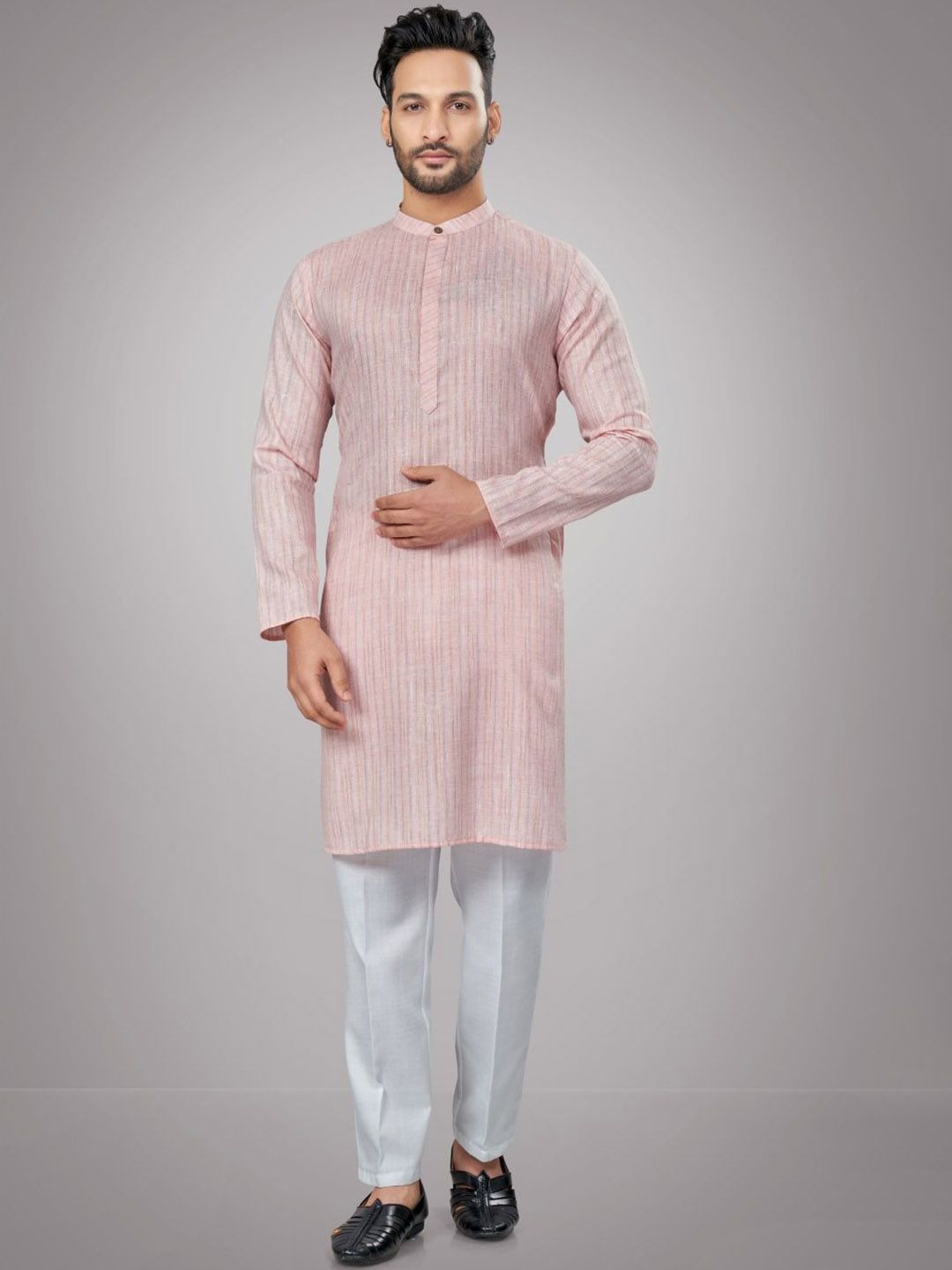 Striped Pure Cotton Mandarin Collar Straight Kurta & Pyjamas