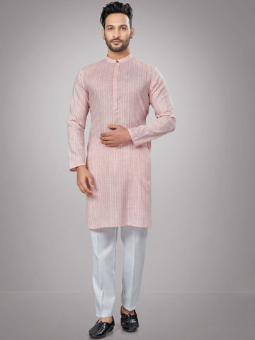 Striped Pure Cotton Mandarin Collar Straight Kurta & Pyjamas