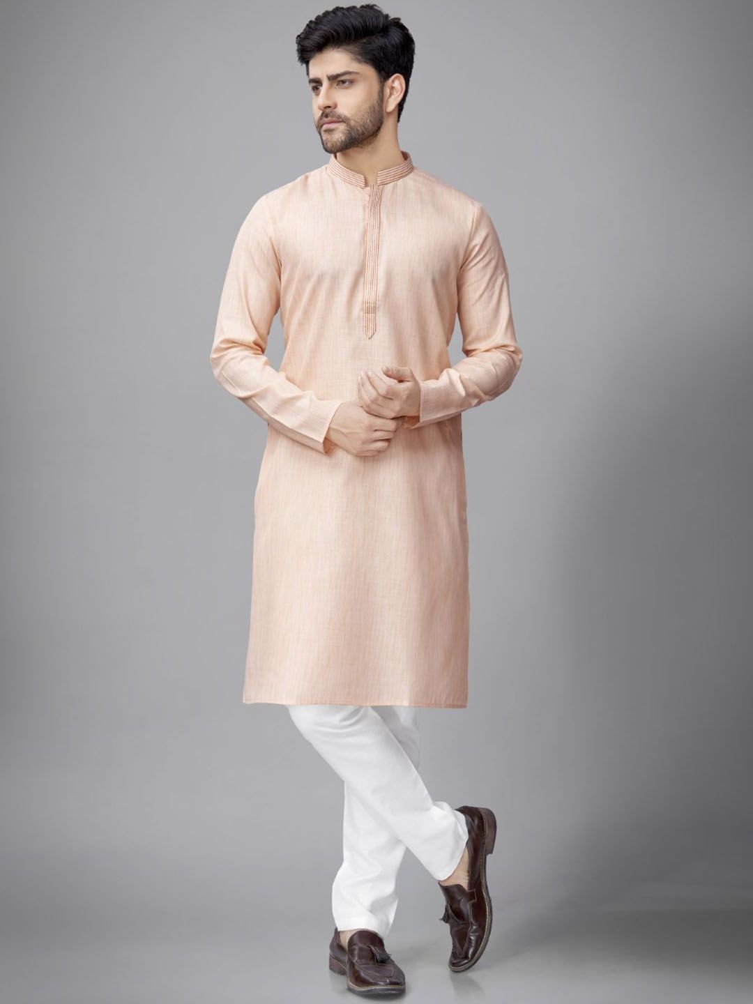 Self Design Mandarin Collar Straight Kurta With Pyjamas