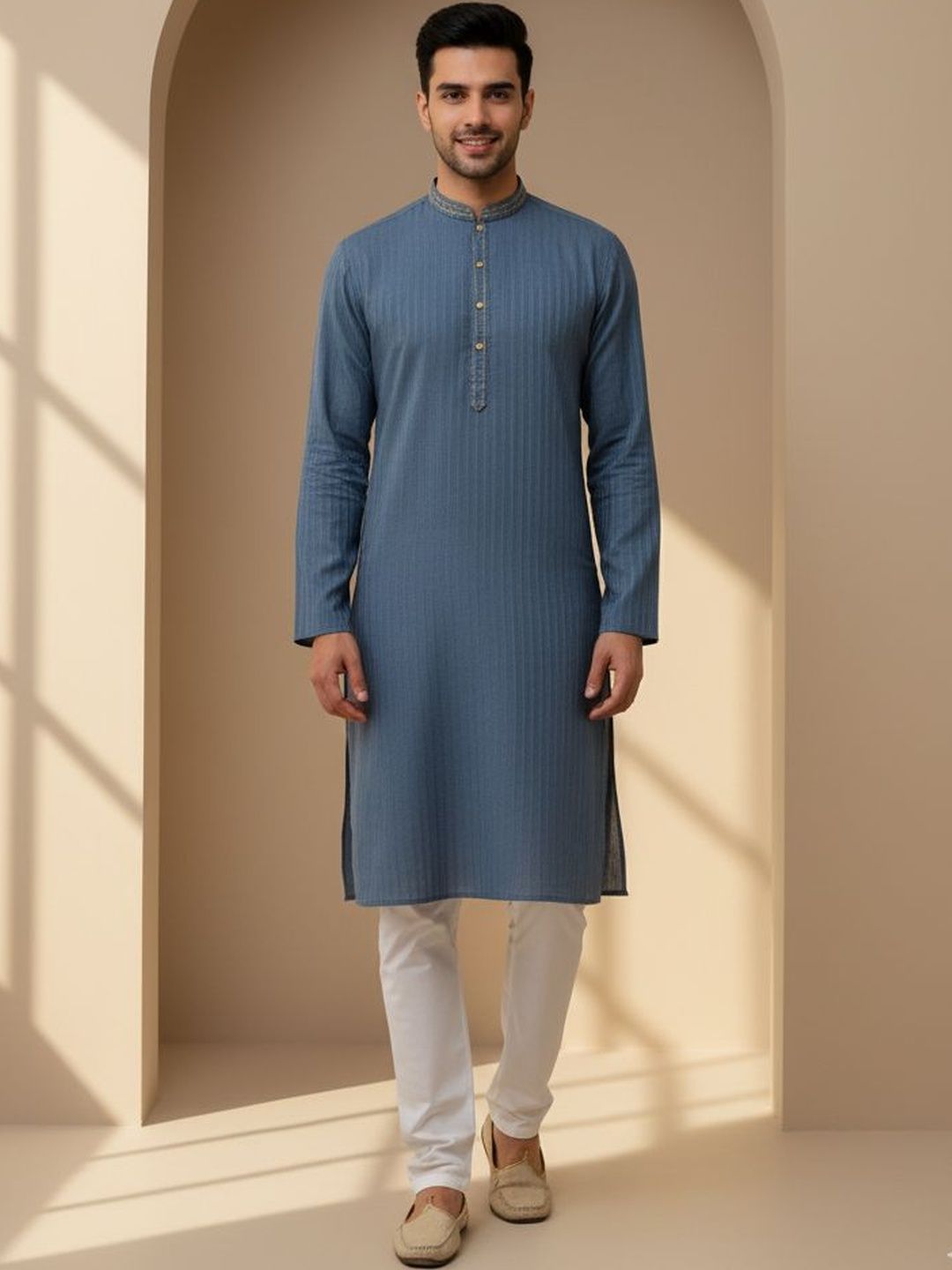 Men Regular Thread Work Kurta with Pyjamas