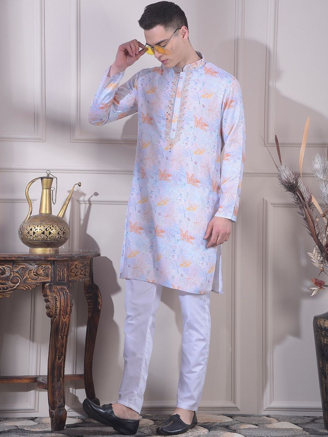 Men Floral Dobby Kurta